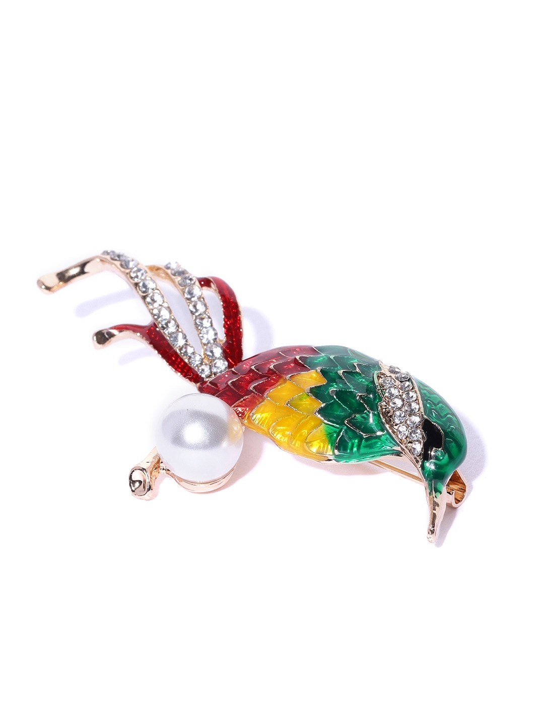 YouBella Women Green  Red Stone-Studded  Beaded Bird Shaped Brooch