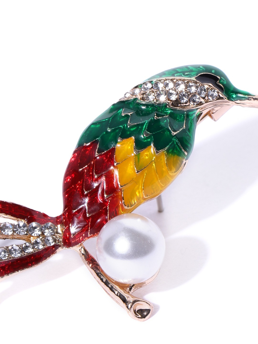 YouBella Women Green  Red Stone-Studded  Beaded Bird Shaped Brooch