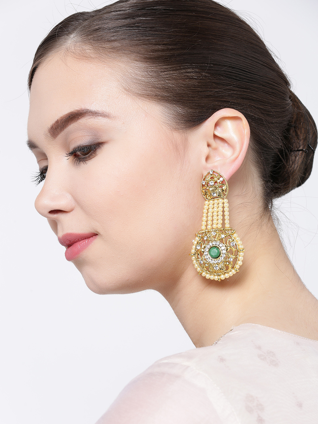 YouBella Off-White Gold-Plated Stone-Studded Drop Earrings