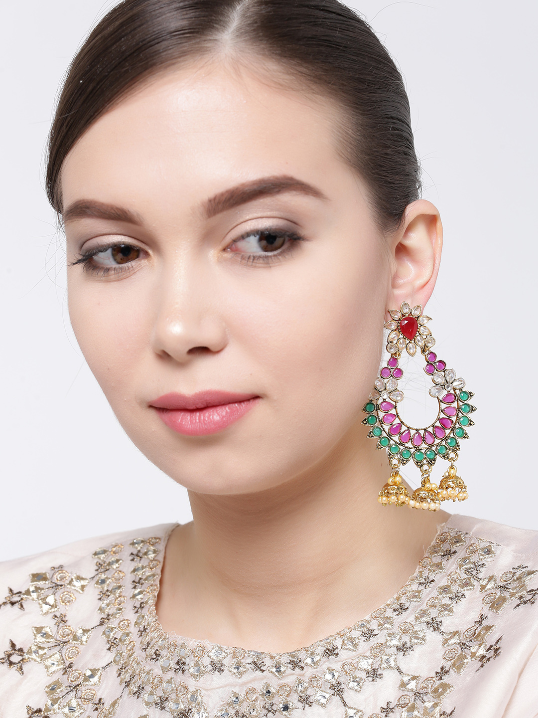 YouBella Pink  Green Gold-Plated Stone-Studded Beaded Chandbalis