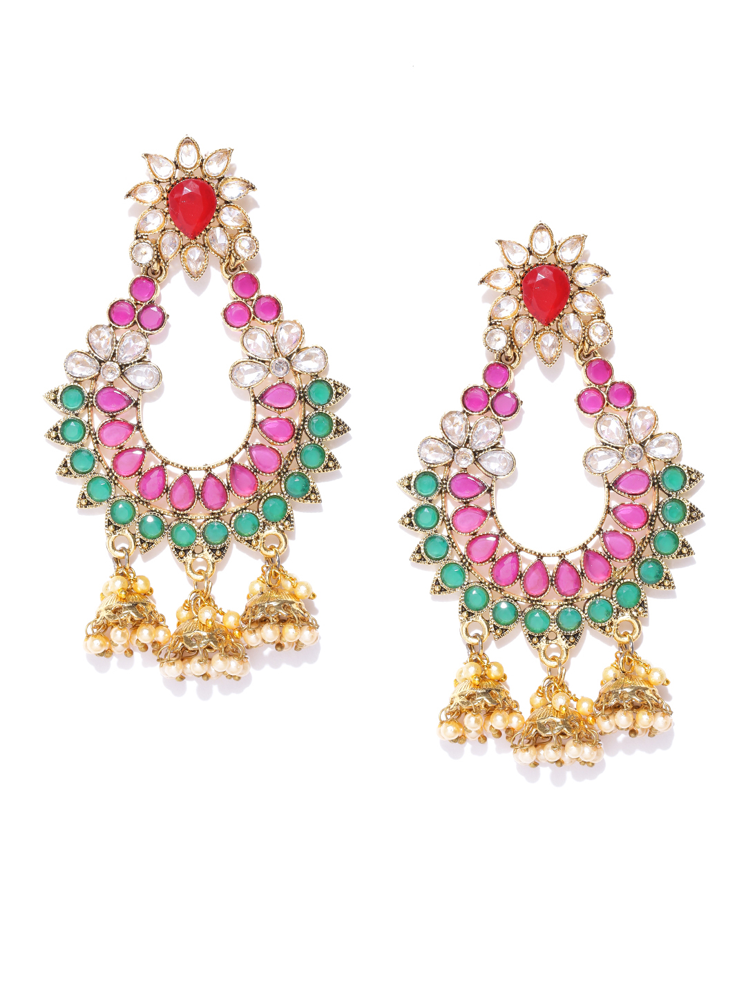 YouBella Pink  Green Gold-Plated Stone-Studded Beaded Chandbalis