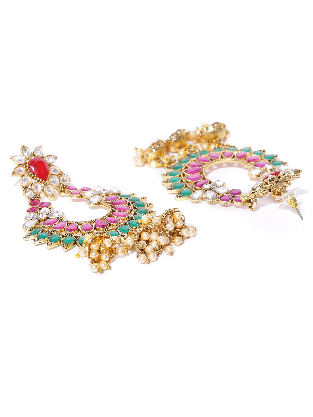 YouBella Pink  Green Gold-Plated Stone-Studded Beaded Chandbalis