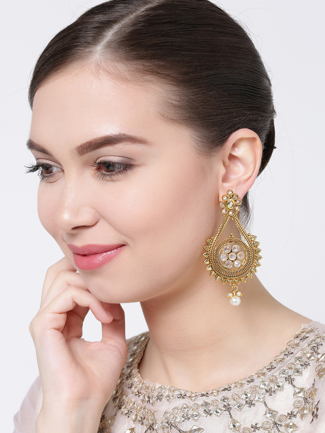 YouBella Gold-Plated Stone-Studded Teardrop Shaped Drop Earrings