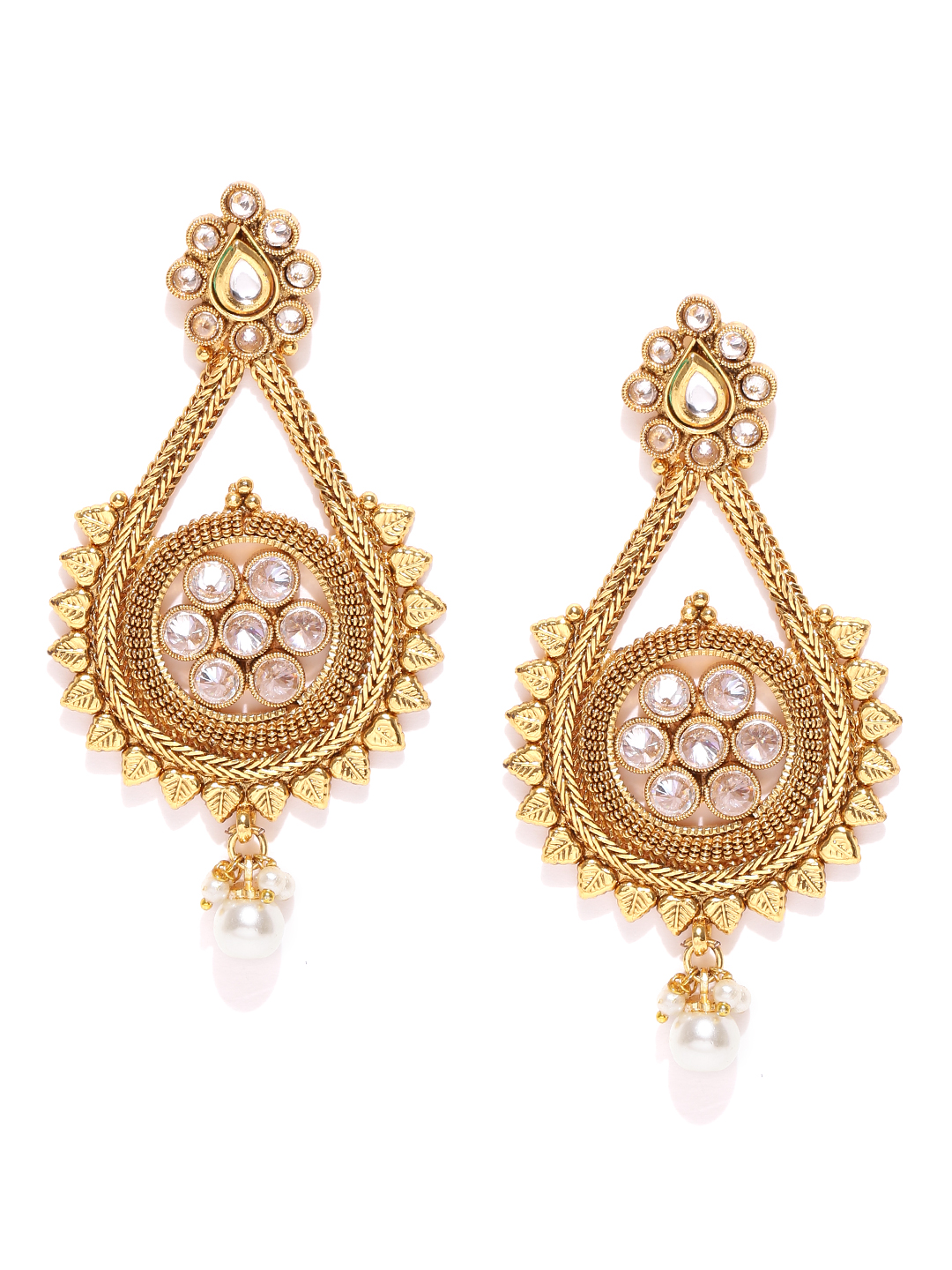 YouBella Gold-Plated Stone-Studded Teardrop Shaped Drop Earrings
