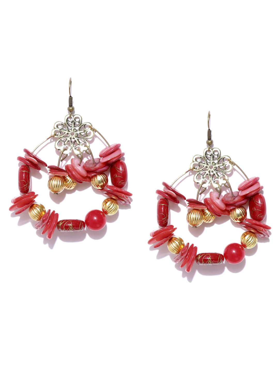 YouBella Red Gold-Plated Beaded Contemporary Drop Earrings