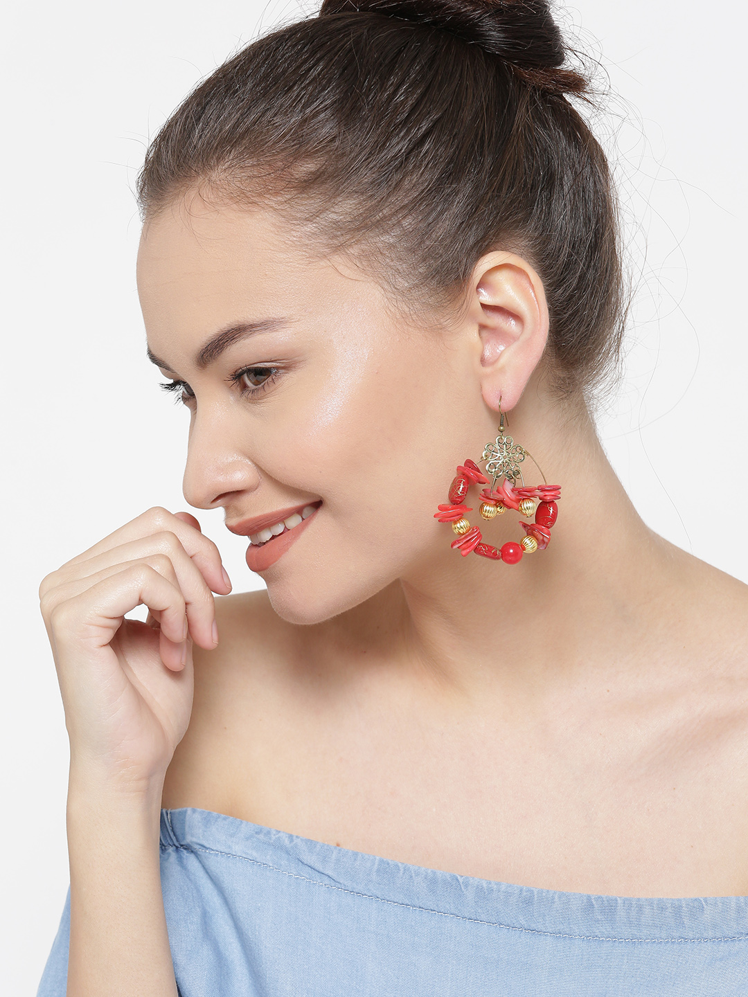 YouBella Red Gold-Plated Beaded Contemporary Drop Earrings