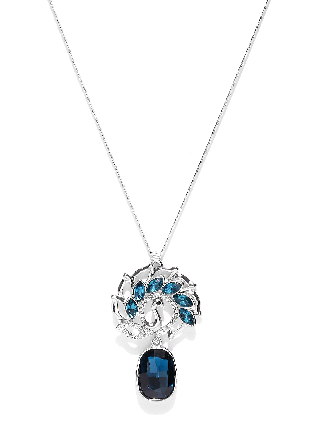 YouBella Silver-Toned  Blue Stone-Studded Pendant with Chain