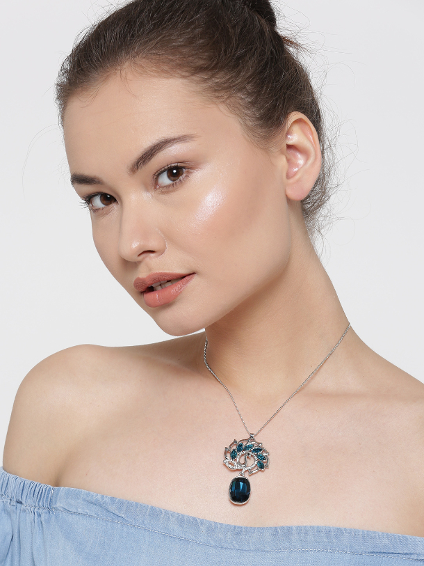 YouBella Silver-Toned  Blue Stone-Studded Pendant with Chain