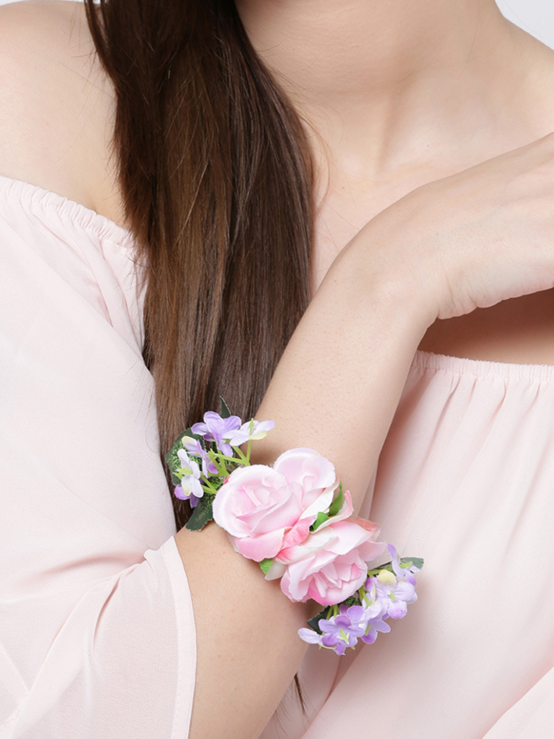YouBella Light Pink  Green Floral Cuff Bracelet