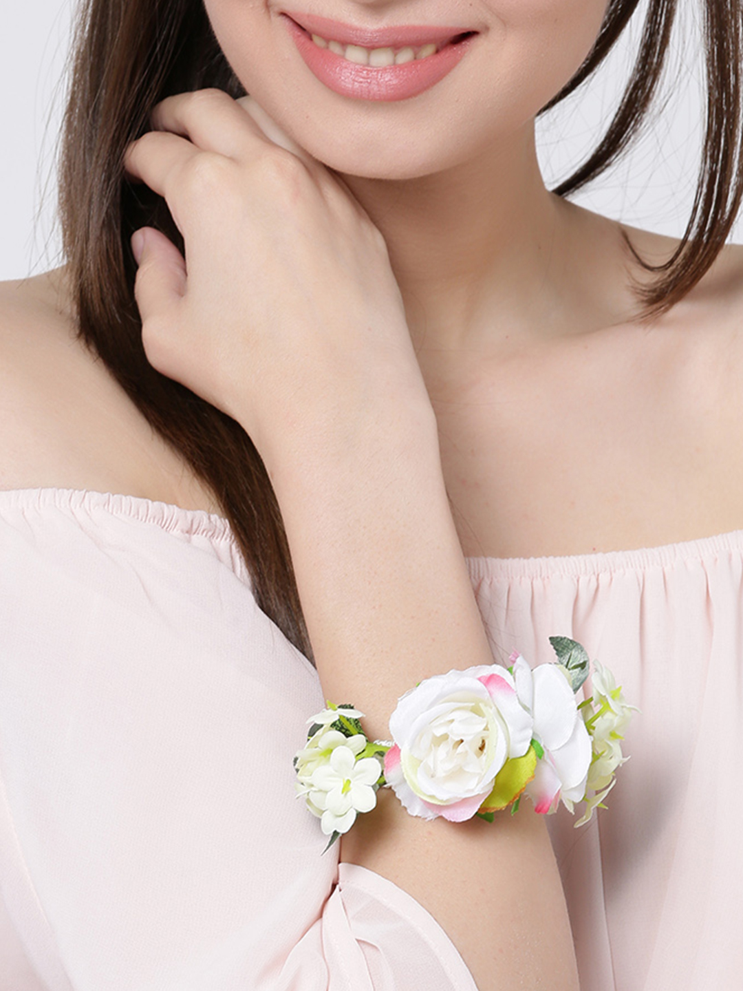 YouBella Off-White  Green Floral Cuff Bracelet