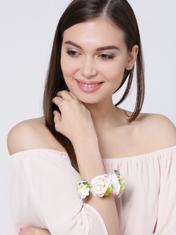 YouBella Off-White  Green Floral Cuff Bracelet