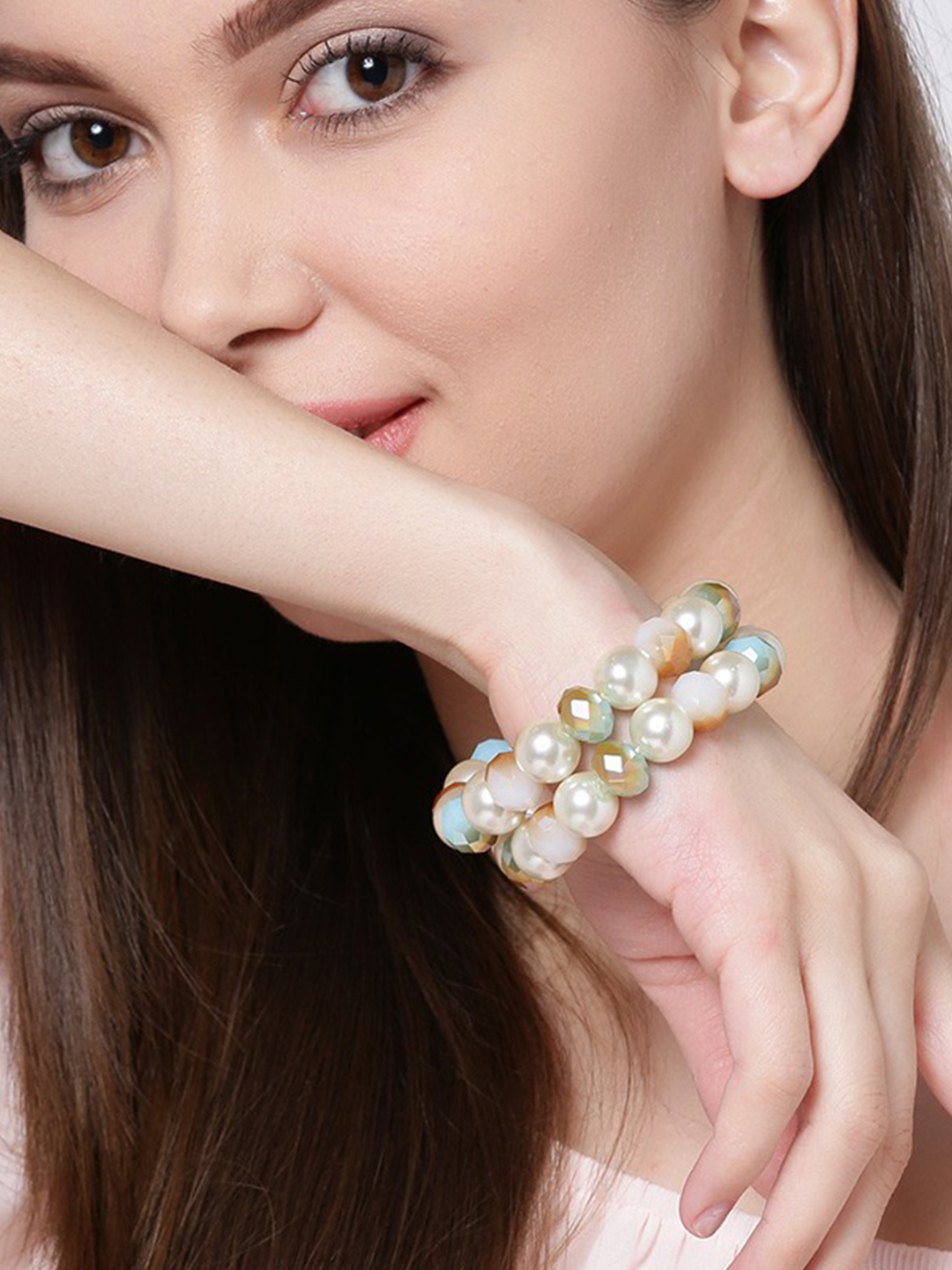 YouBella Set of 2 Off-White  Blue Beaded Bracelets