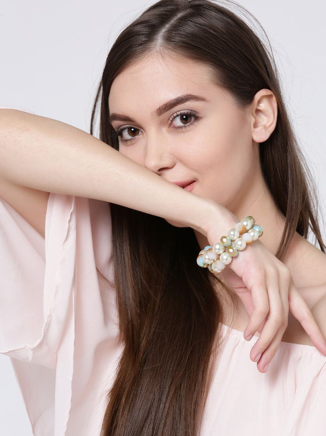 YouBella Set of 2 Off-White  Blue Beaded Bracelets