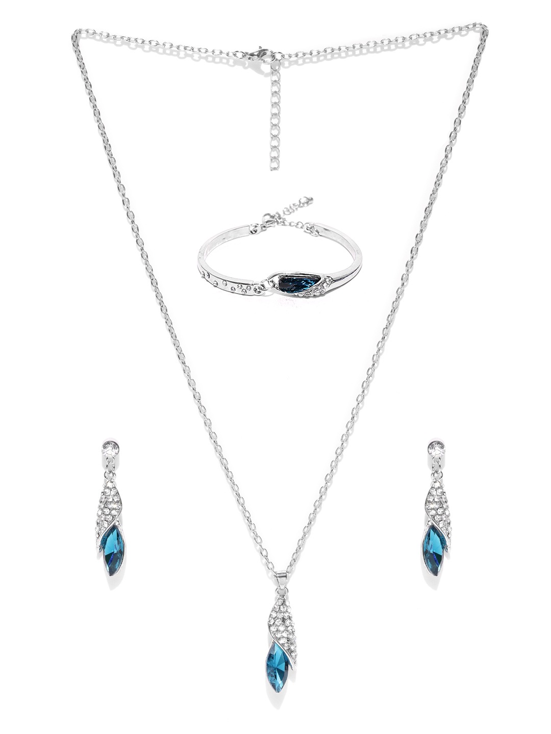 YouBella Silver-Toned  Blue Stone-Studded Jewellery Set