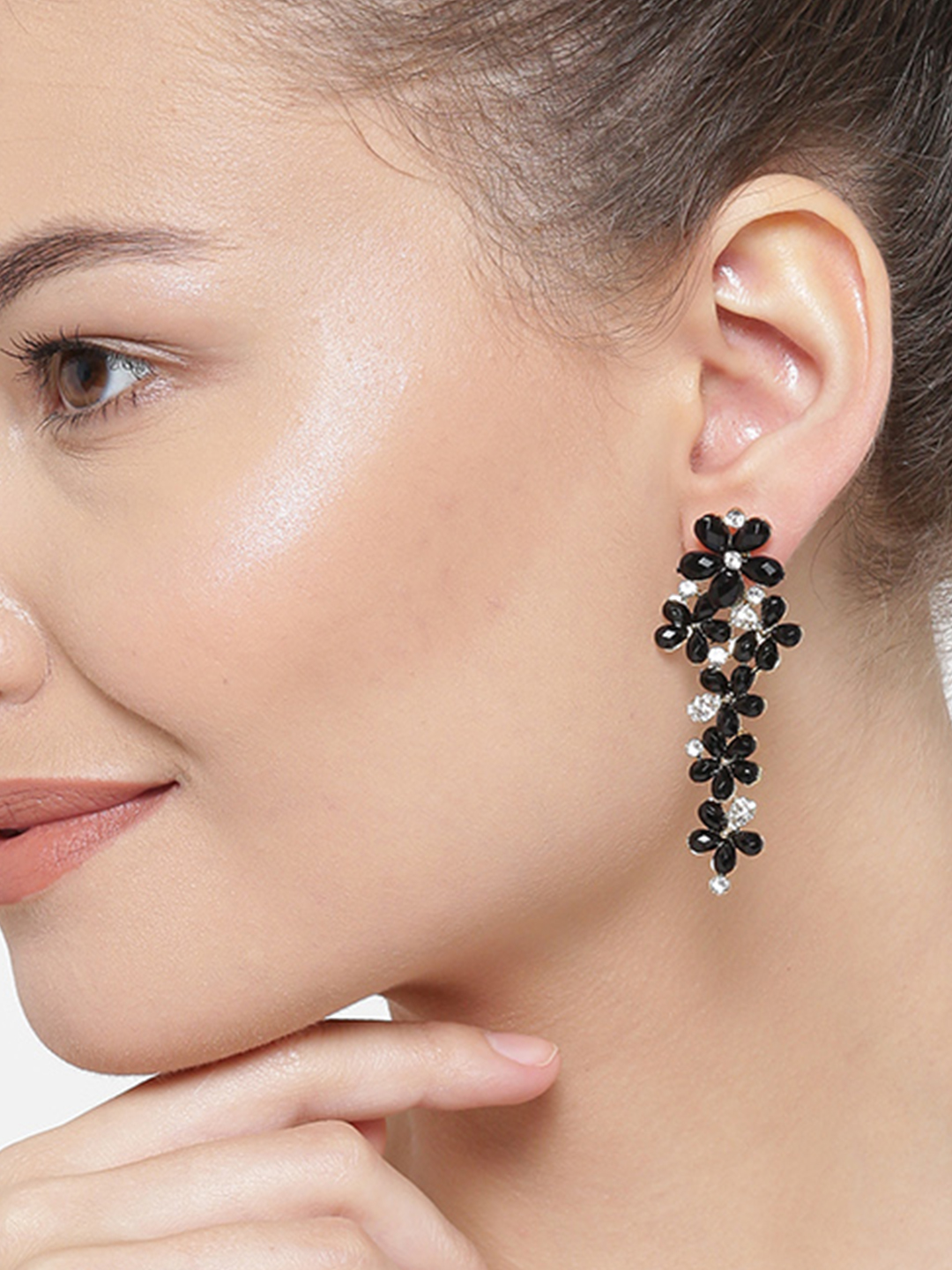 YouBella Black Gold-Plated Floral Drop Earrings