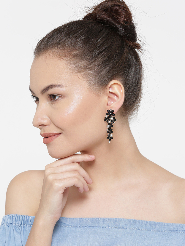 YouBella Black Gold-Plated Floral Drop Earrings