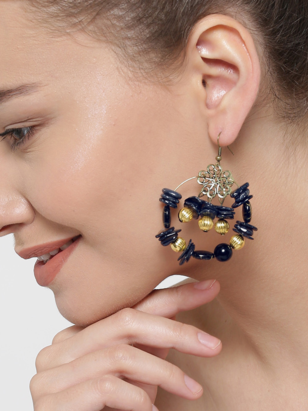 YouBella Black Gold-Plated Beaded Drop Earrings