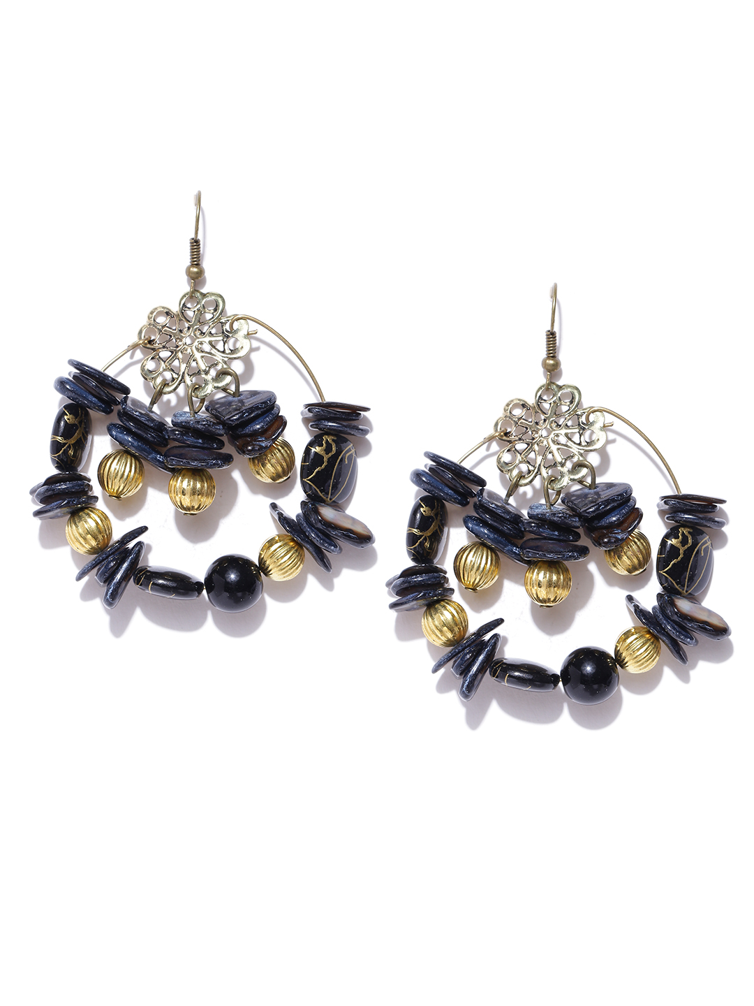 YouBella Black Gold-Plated Beaded Drop Earrings