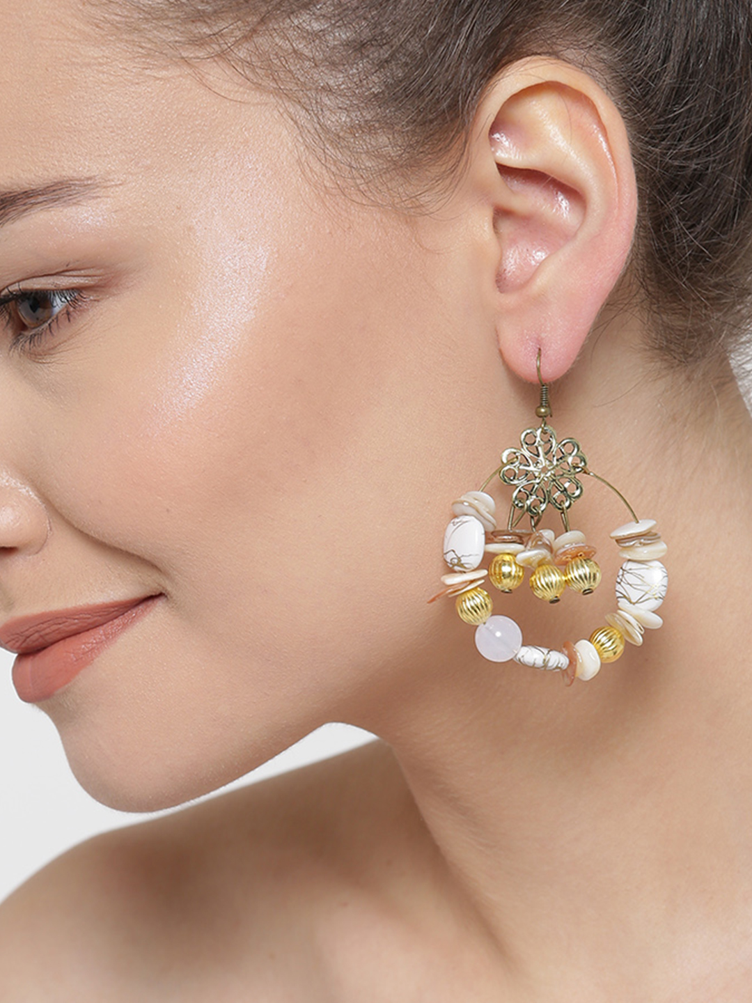 YouBella Off-White Gold-Plated Beaded Drop Earrings