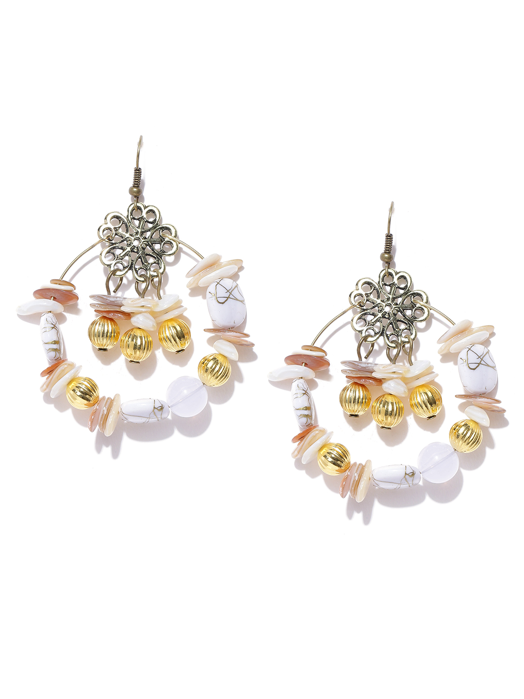 YouBella Off-White Gold-Plated Beaded Drop Earrings