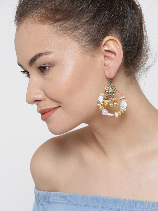YouBella Off-White Gold-Plated Beaded Drop Earrings