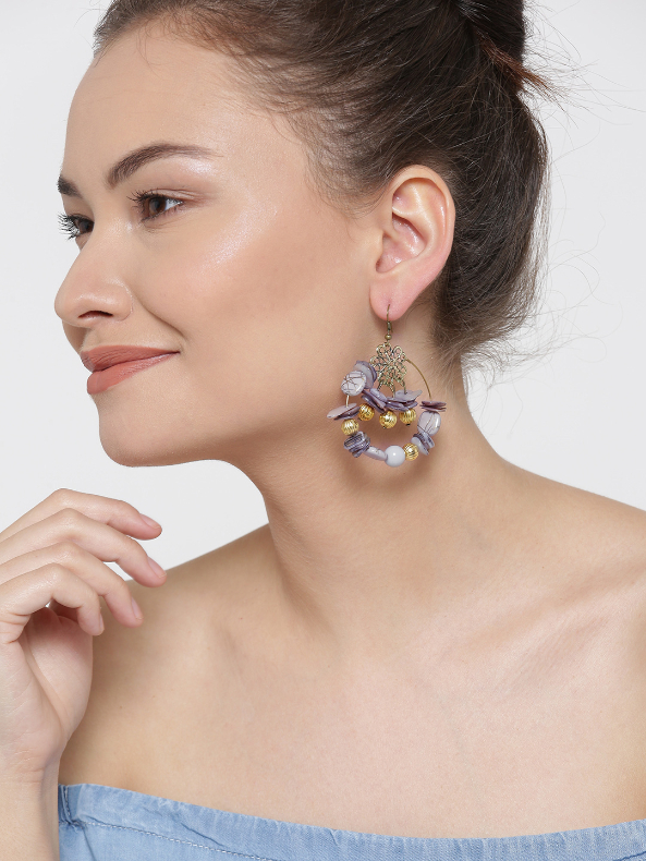 YouBella Grey Gold-Plated Beaded Drop Earrings