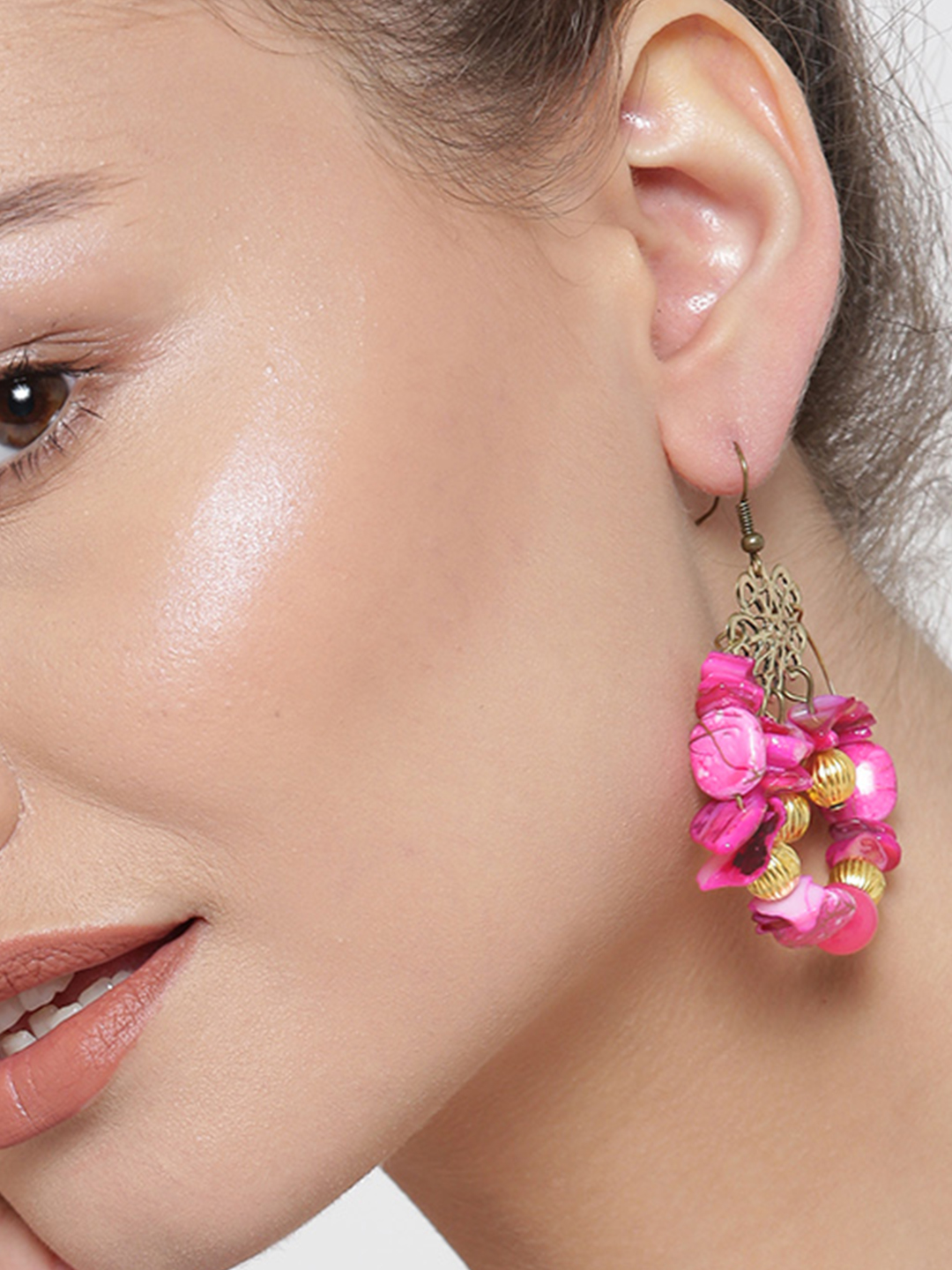 YouBella Pink Gold-Plated Beaded Drop Earrings