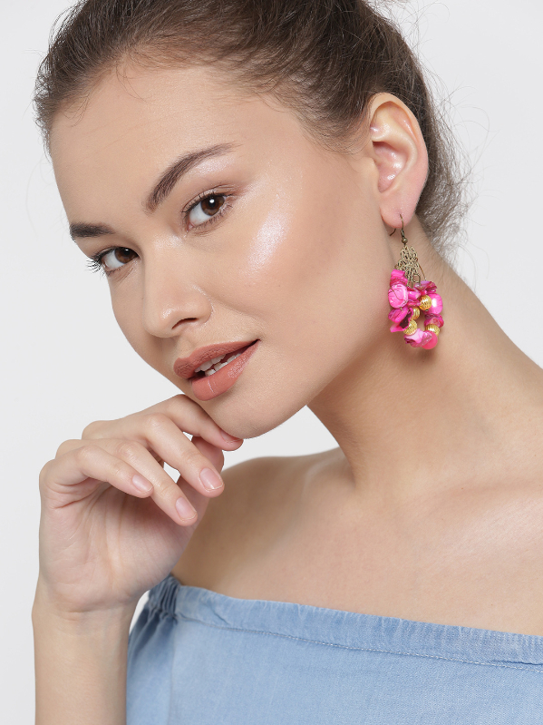 YouBella Pink Gold-Plated Beaded Drop Earrings