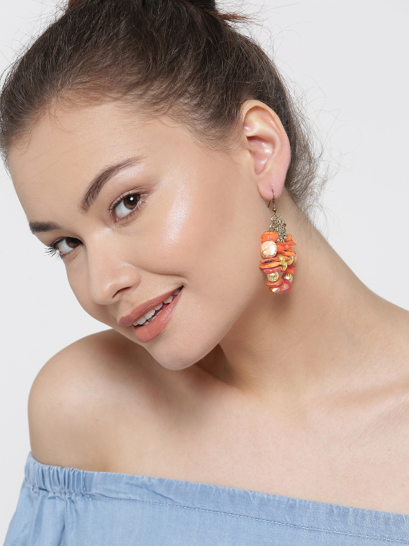YouBella Orange Gold-Plated Beaded Drop Earrings