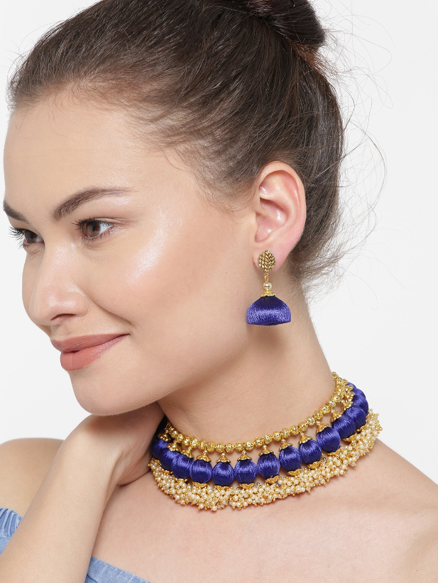 YouBella Blue  Gold-Toned Beaded Jewellery Set