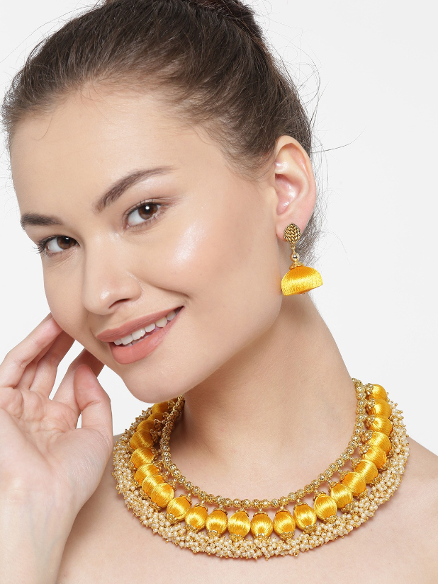 YouBella Mustard Yellow  Off-White Beaded Jewellery Set