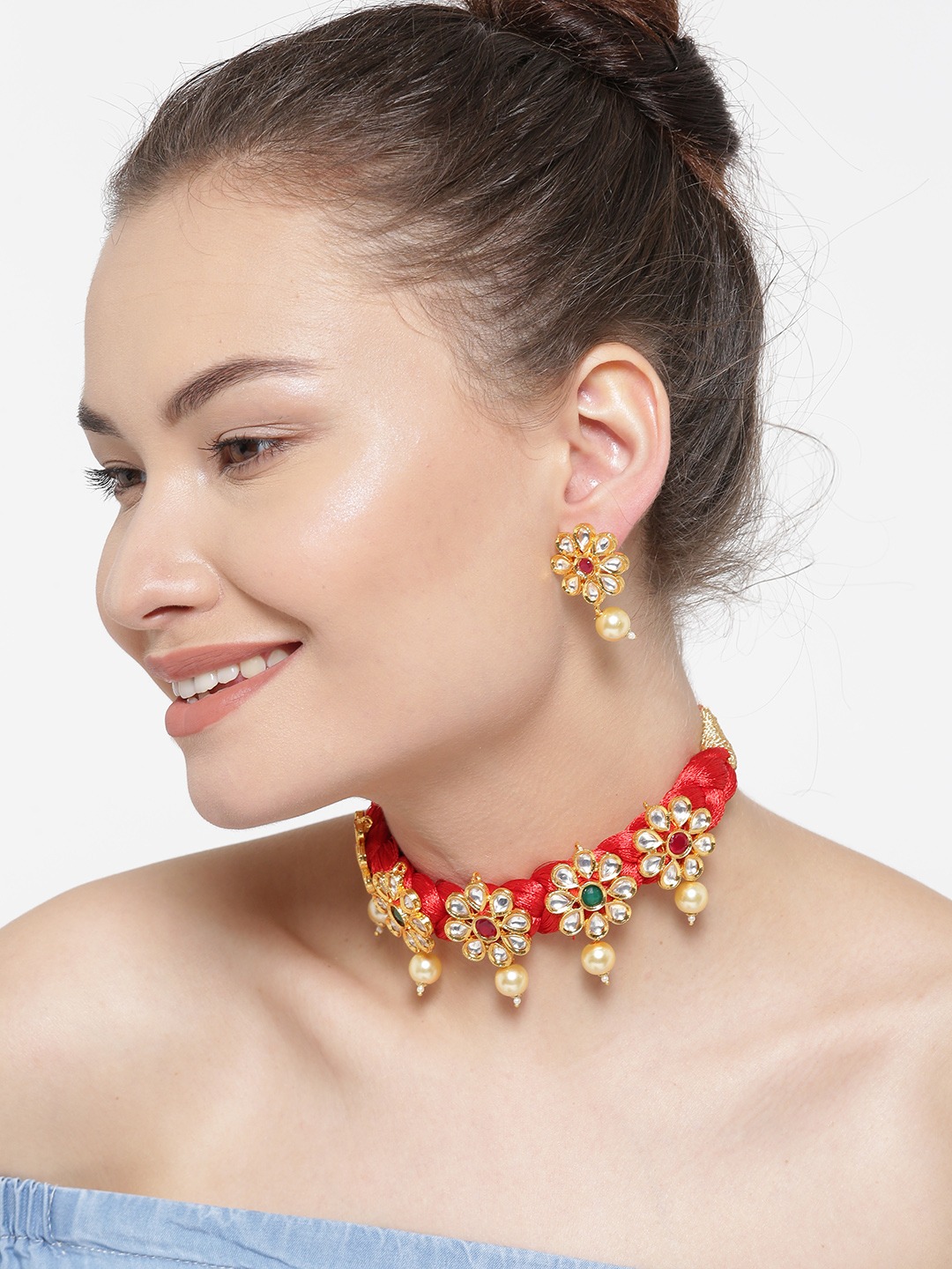 YouBella Red  Gold-Toned Stone-Studded Braided Jewellery Set