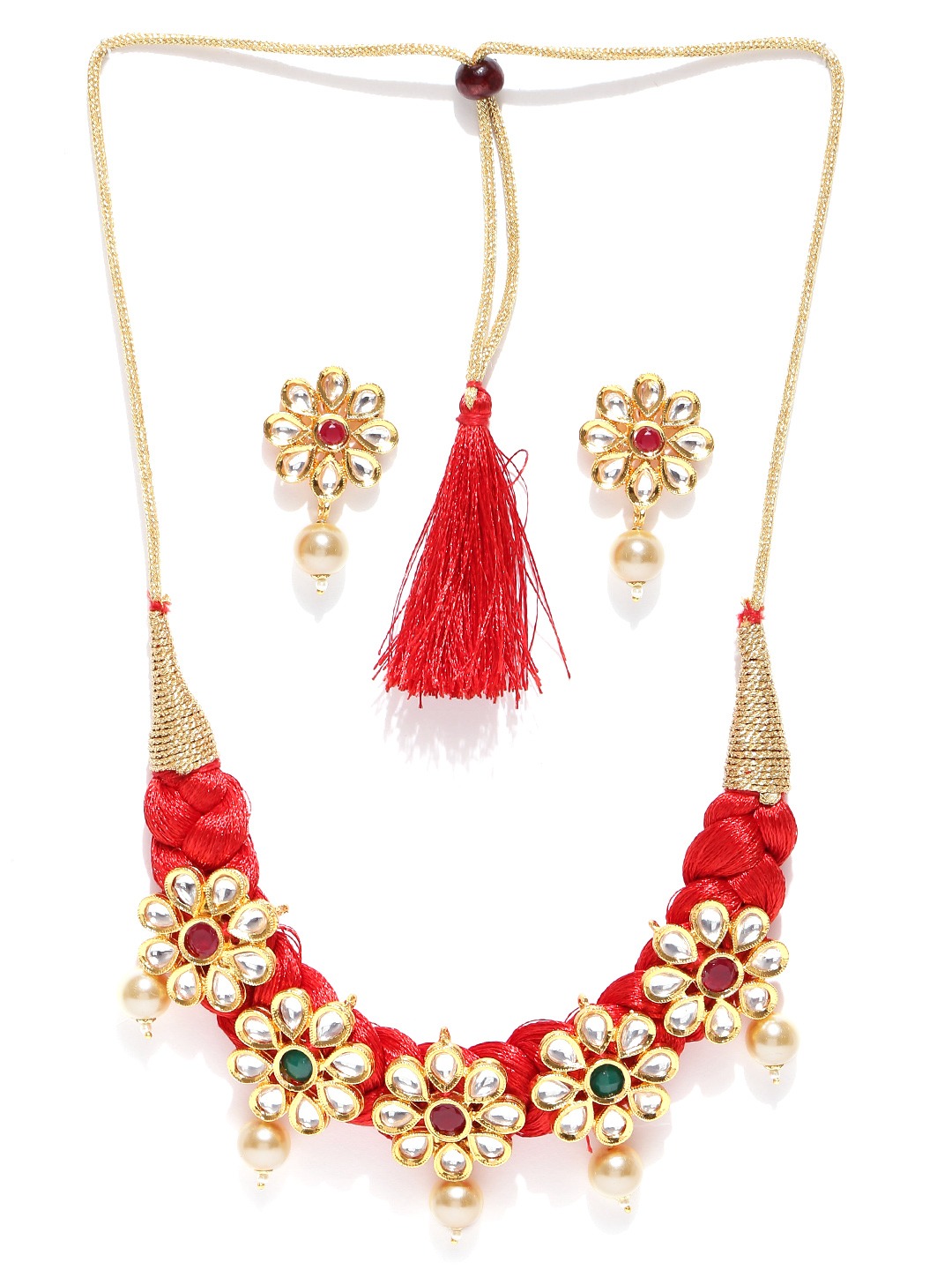 YouBella Red  Gold-Toned Stone-Studded Braided Jewellery Set