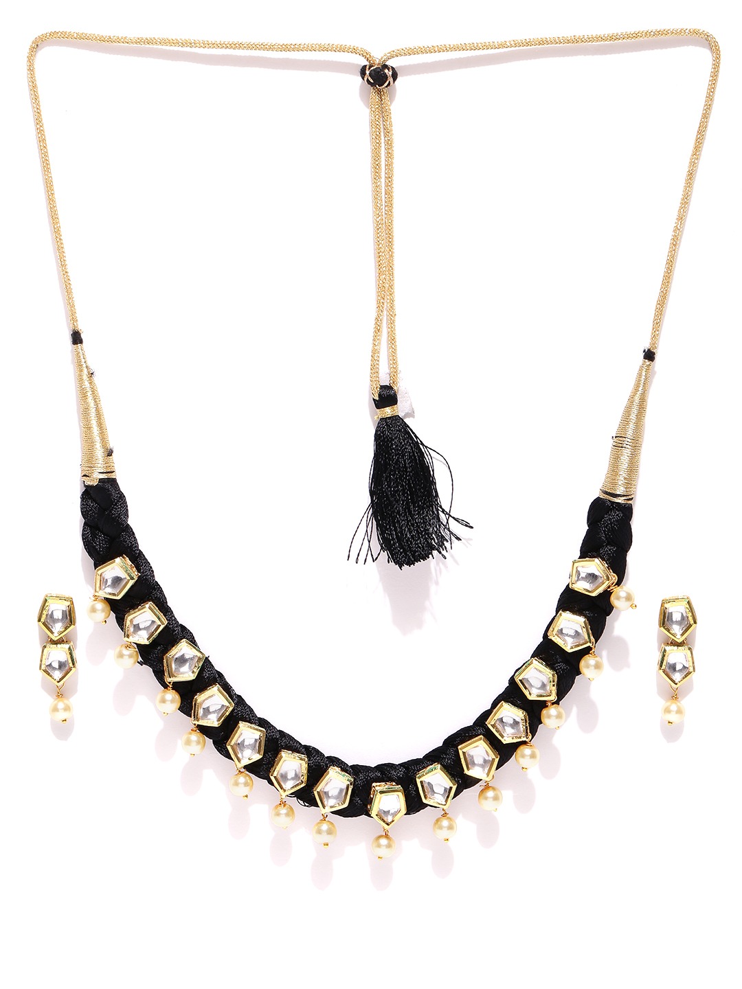 YouBella Black  Gold-Toned Stone-Studded Beaded Jewellery Set