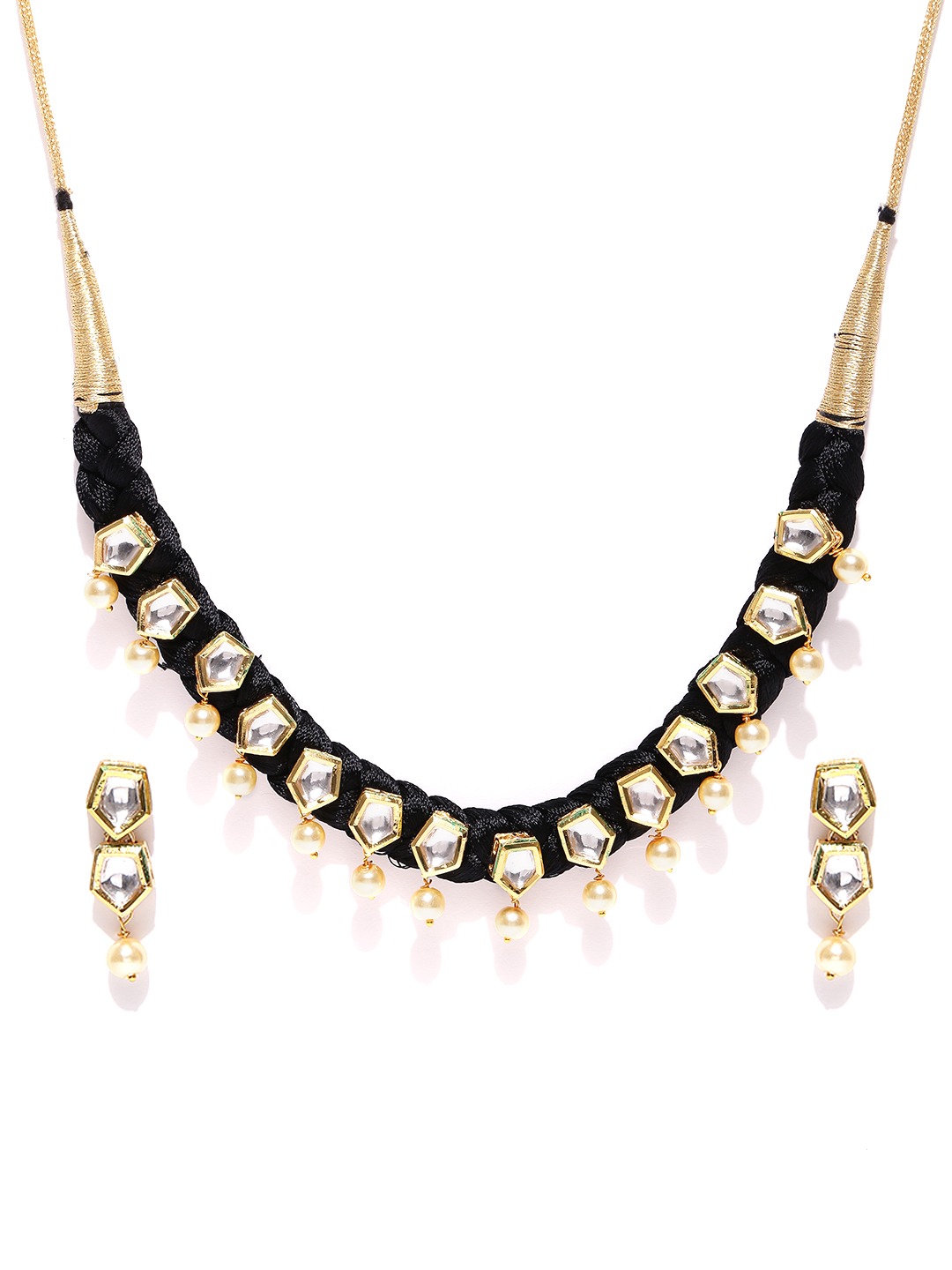 YouBella Black  Gold-Toned Stone-Studded Beaded Jewellery Set