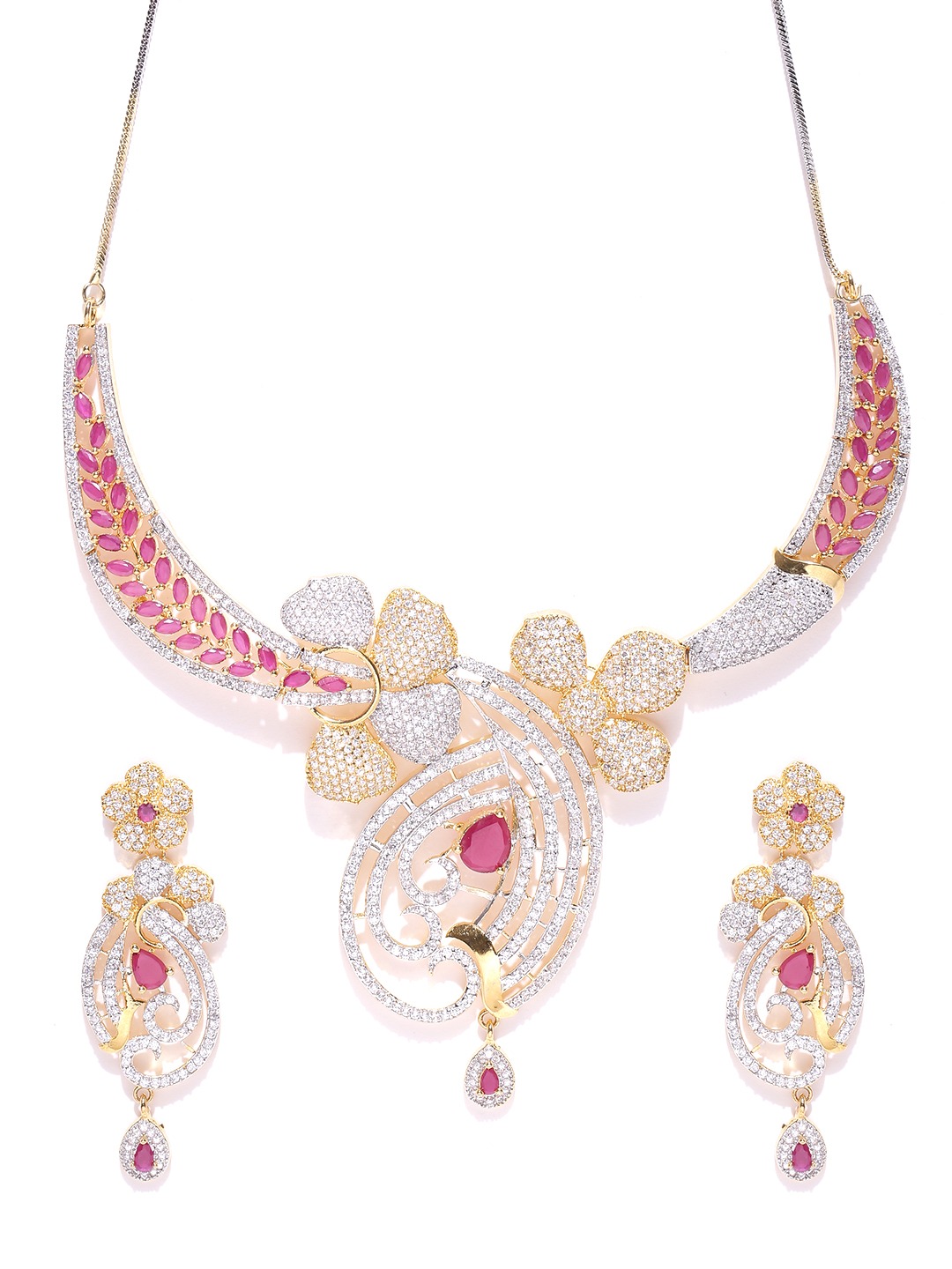 YouBella Silver-Toned  Pink Stone-Studded Jewellery Set