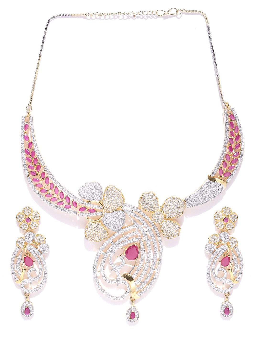 YouBella Silver-Toned  Pink Stone-Studded Jewellery Set