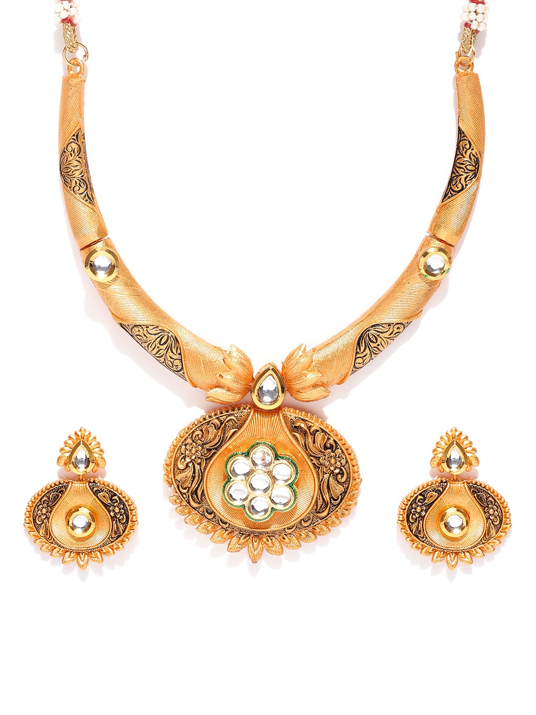 YouBella Gold-Toned Textured Stone-Studded Jewellery Set