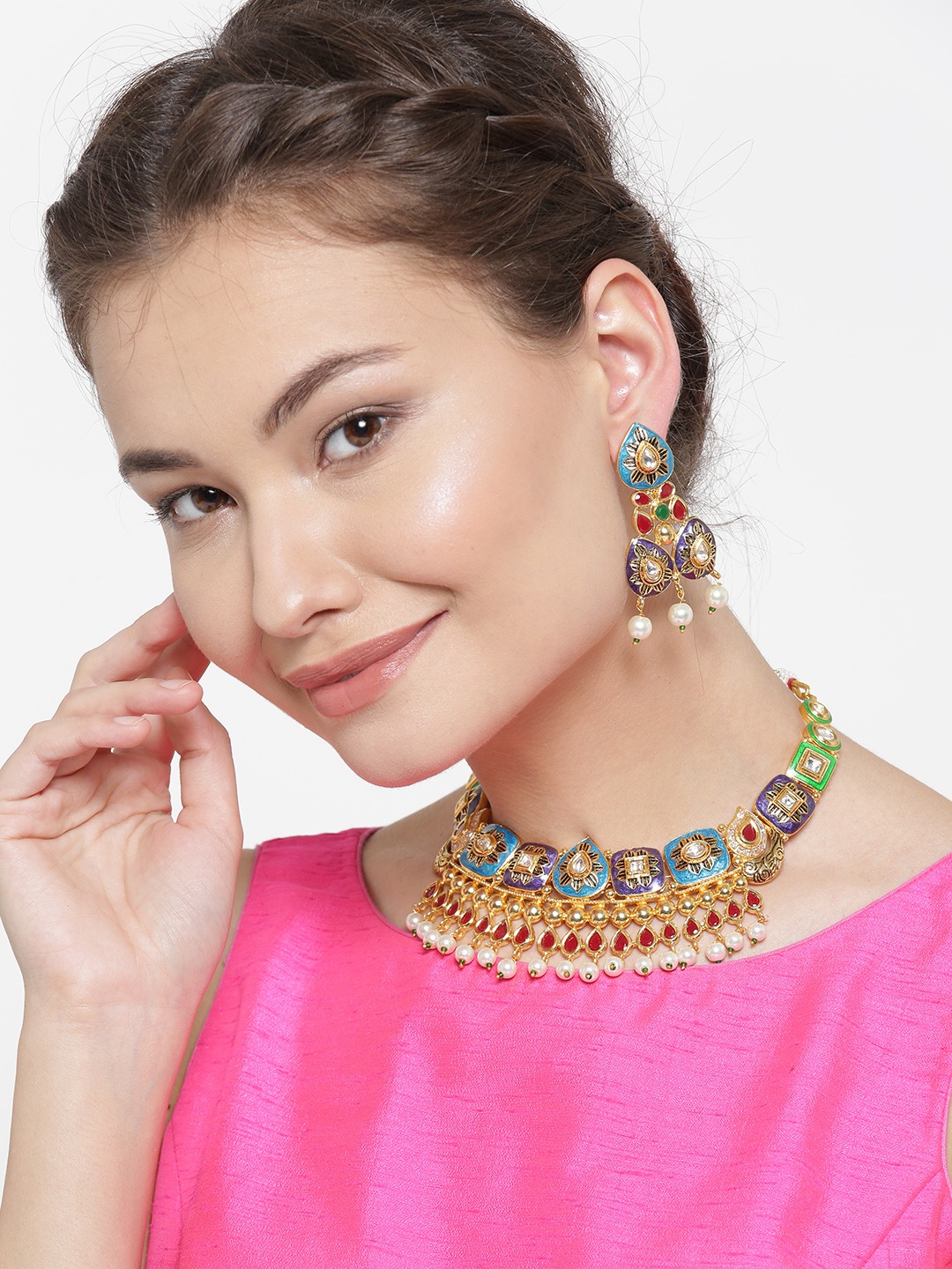 YouBella Multicoloured Stone-Studded Beaded Jewellery Set
