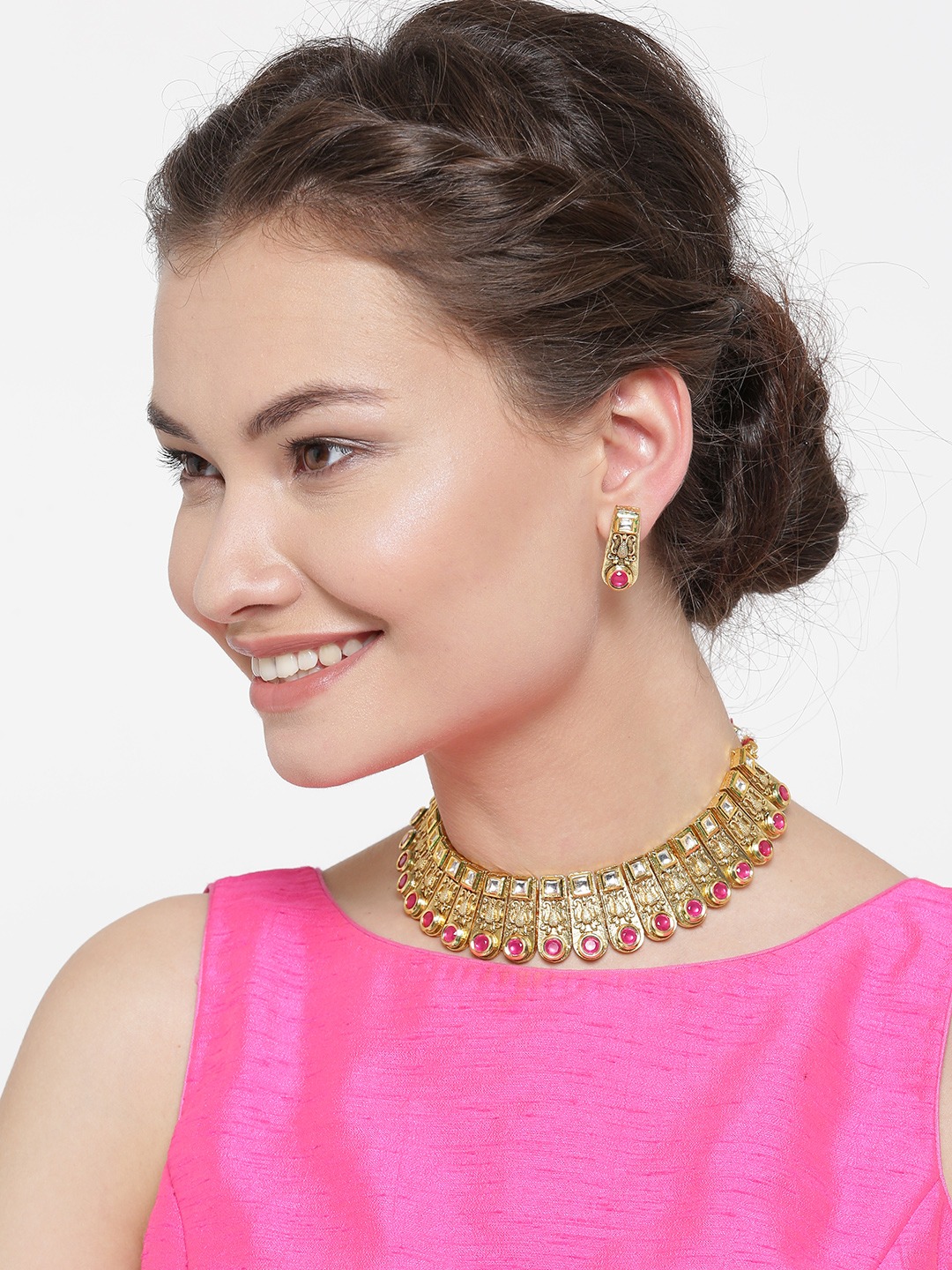 YouBella Gold-Toned  Pink Stone-Studded Textured Jewellery Set