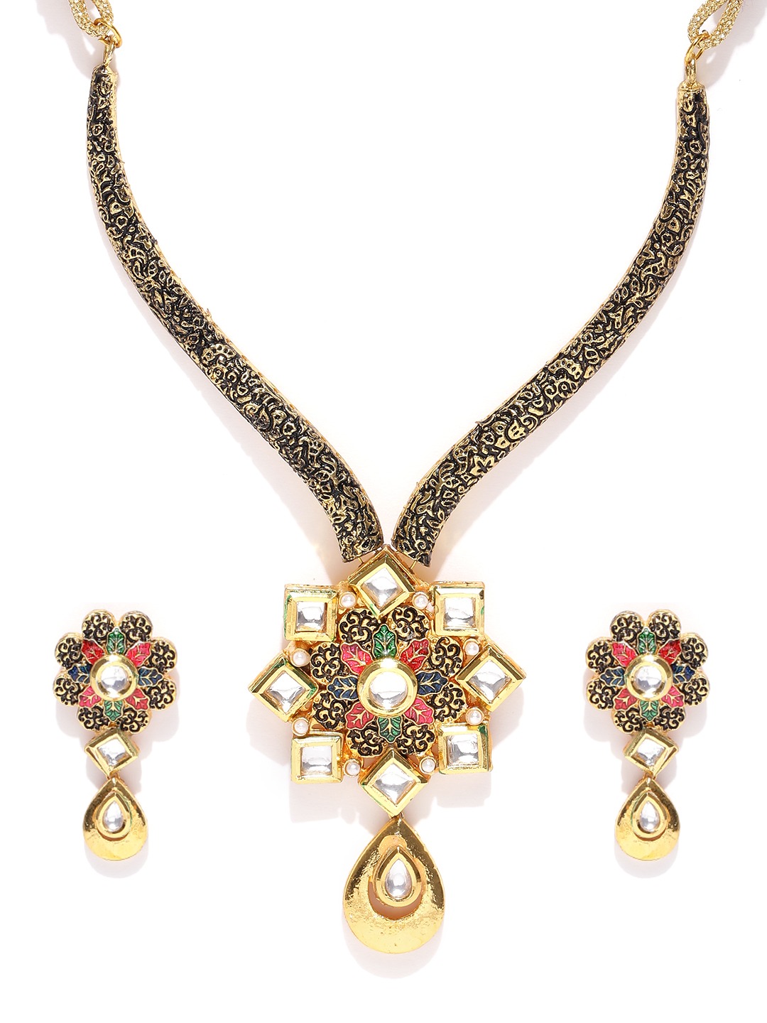YouBella Gold-Toned  Black Stone-Studded Textured Jewellery Set