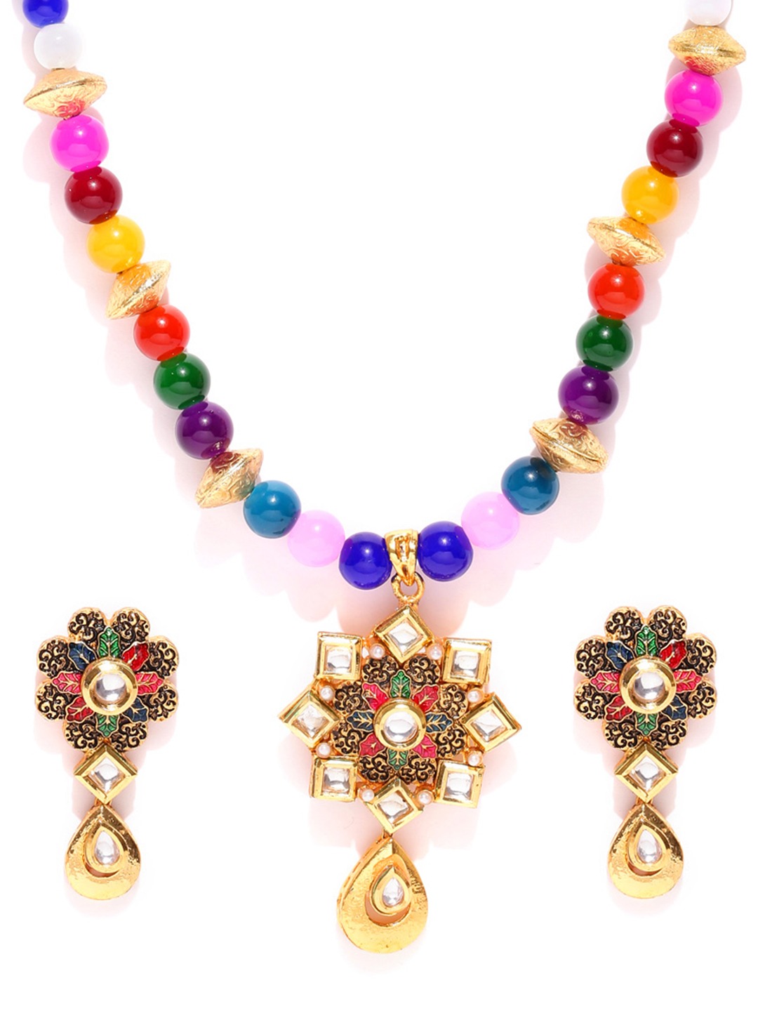 YouBella Multicoloured Stone-Studded Beaded Jewellery Set