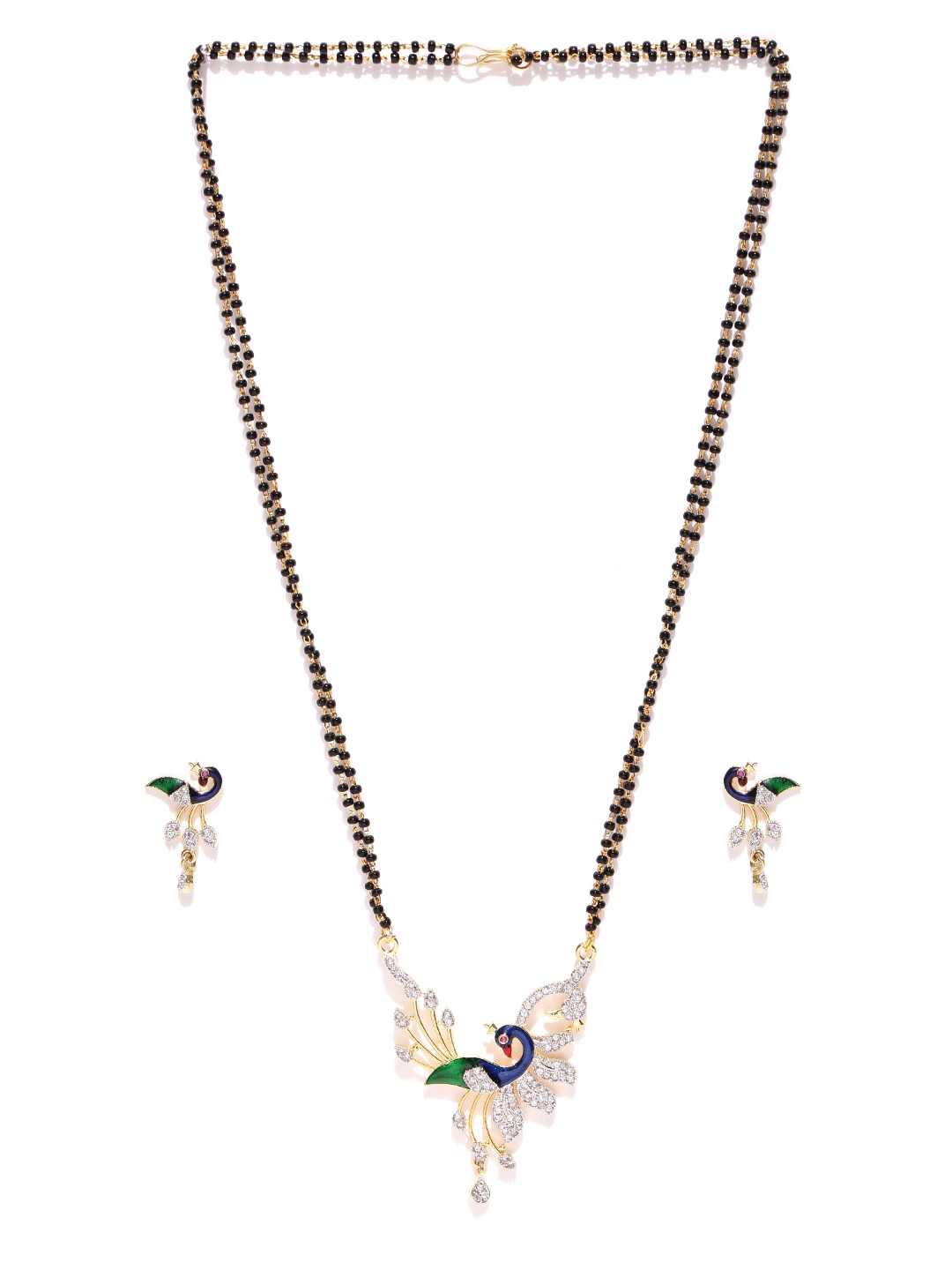 YouBella Black  Gold-Toned Peacock-Shaped Stone-Studded Jewellery Set