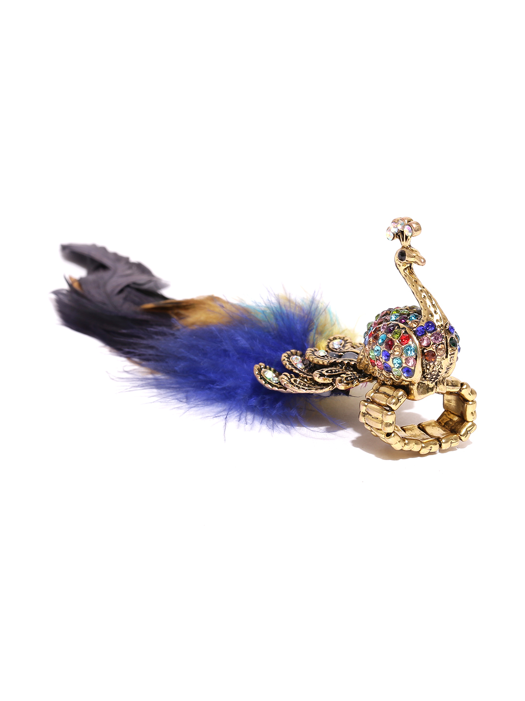 YouBella Antique Gold-Toned  Blue Peacock-Shaped Stone-Studded Ring