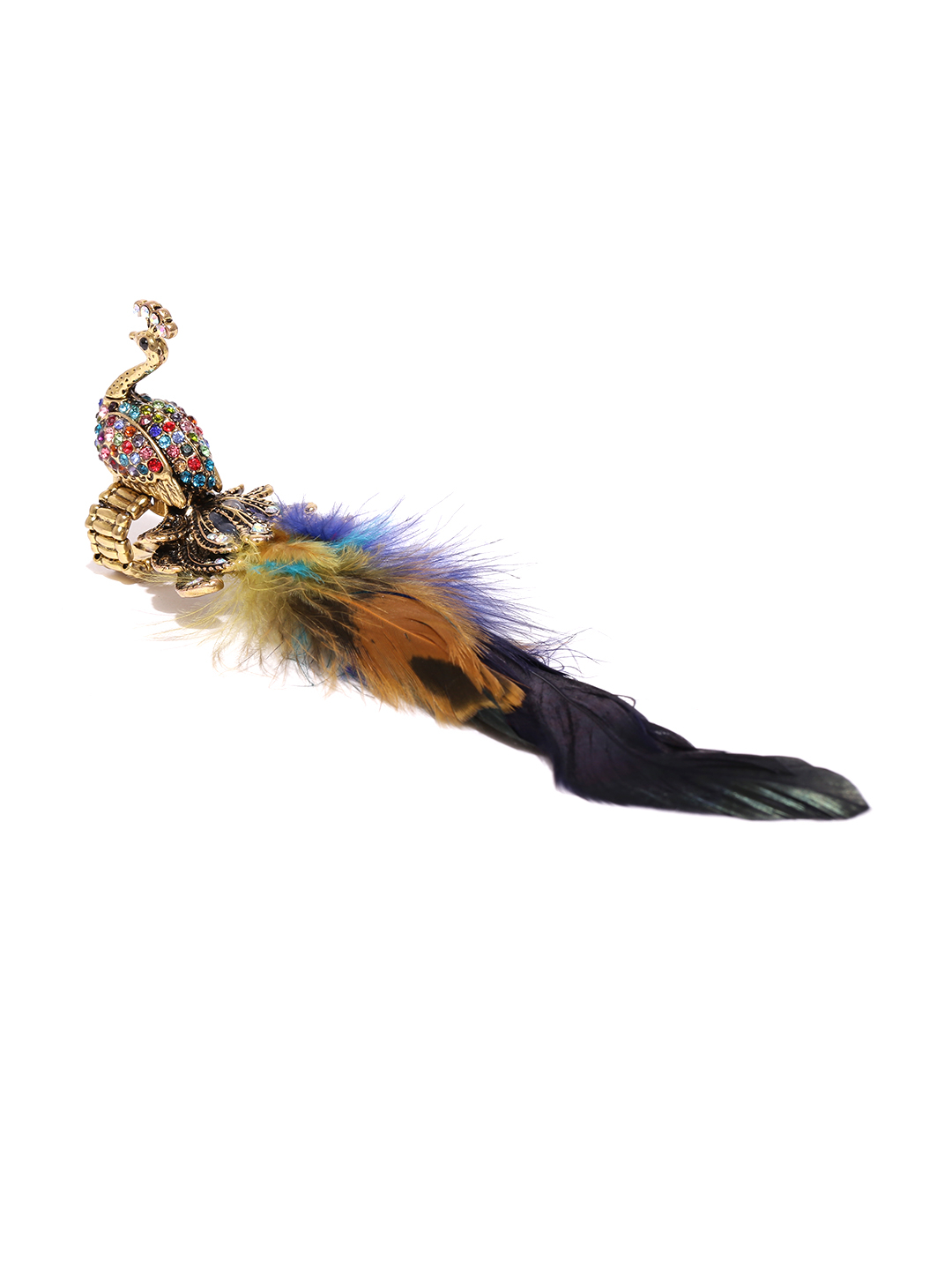 YouBella Antique Gold-Toned  Blue Peacock-Shaped Stone-Studded Ring