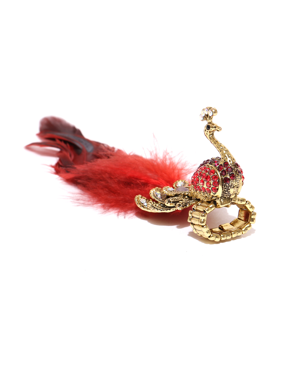 YouBella Antique Gold-Toned  Red Peacock-Shaped Stone-Studded Ring