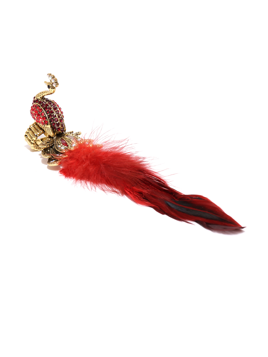 YouBella Antique Gold-Toned  Red Peacock-Shaped Stone-Studded Ring