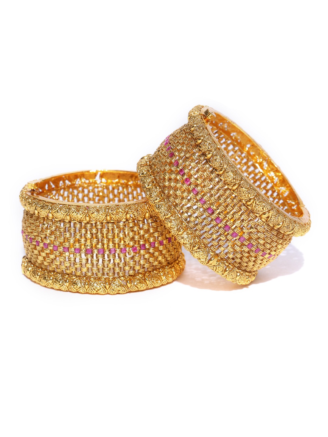 YouBella Set of 2 Gold-Toned Textured Stone-Studded Bangles