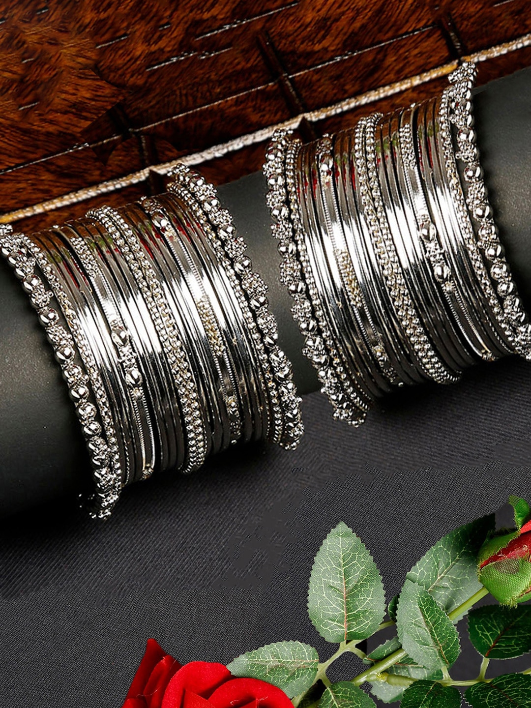 YouBella Set of 38 Oxidised Silver-Toned Bangles