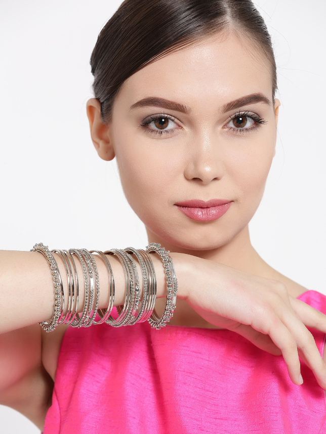 YouBella Set of 38 Oxidised Silver-Toned Bangles